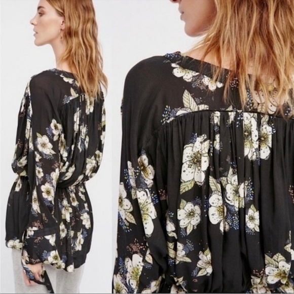 Free People Black Tuscan Dreams Floral Blouse, S - Picture 14 of 14